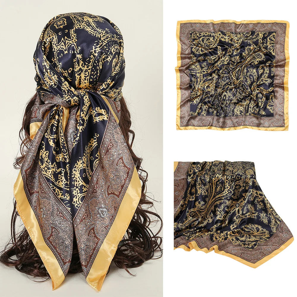 90*90cm Square Silk Scarf Women Print Scarves Satin Shawl Wrap Hijab Female Headband Bandana Foulard Neckerchief