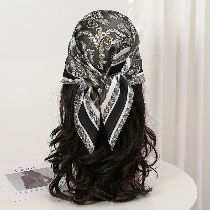 Bohemian Style Floral Print Women’s Square Silk Scarf Satin Head Wrap Tropical Leaf Flower Design Scarves Bandana Hijab