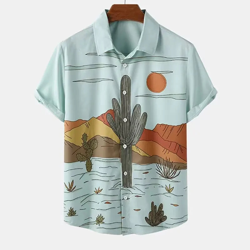 Fashion Men's Cactus Desert Printed Shirts Casual Hawaiian Beach Resort Shirt Summer Natural Landscape Vintage Printed Shirts