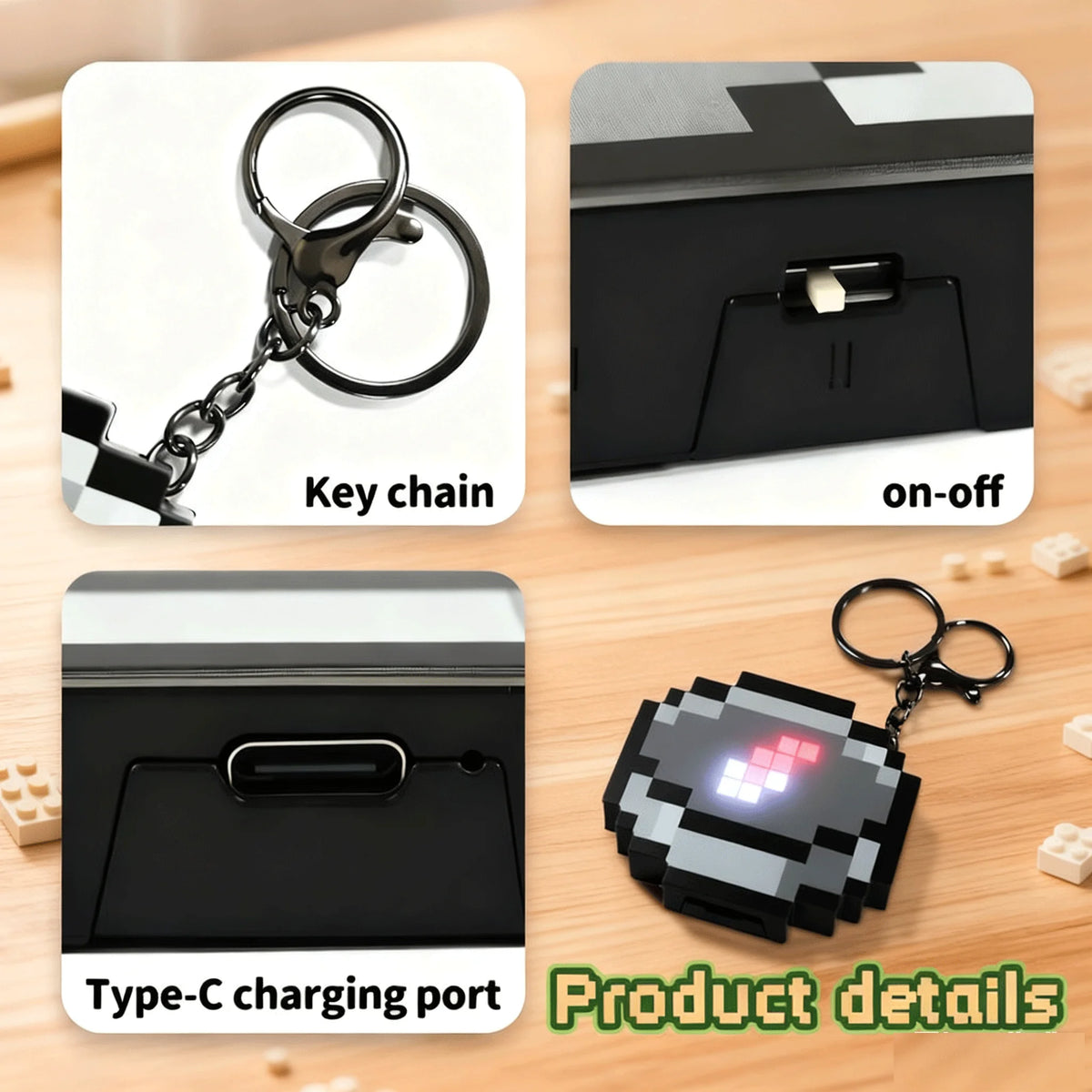 Rechargeable Mc Compass Pixel Wind Peripheral design Toy trinket Movable Compass Keychain Pendant Real-world Use Toys Fans Gifts