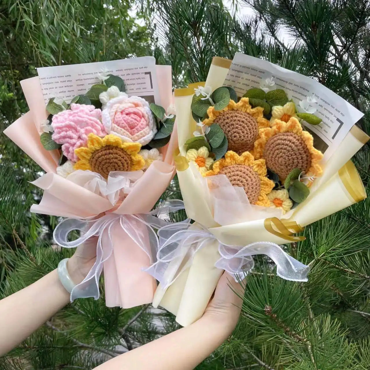 Finished Knitted Flowers Sunflowers Crochet Bouquet Creative Knitted Flowers Valentine Mothers' Day Birthday Graduation Gifts