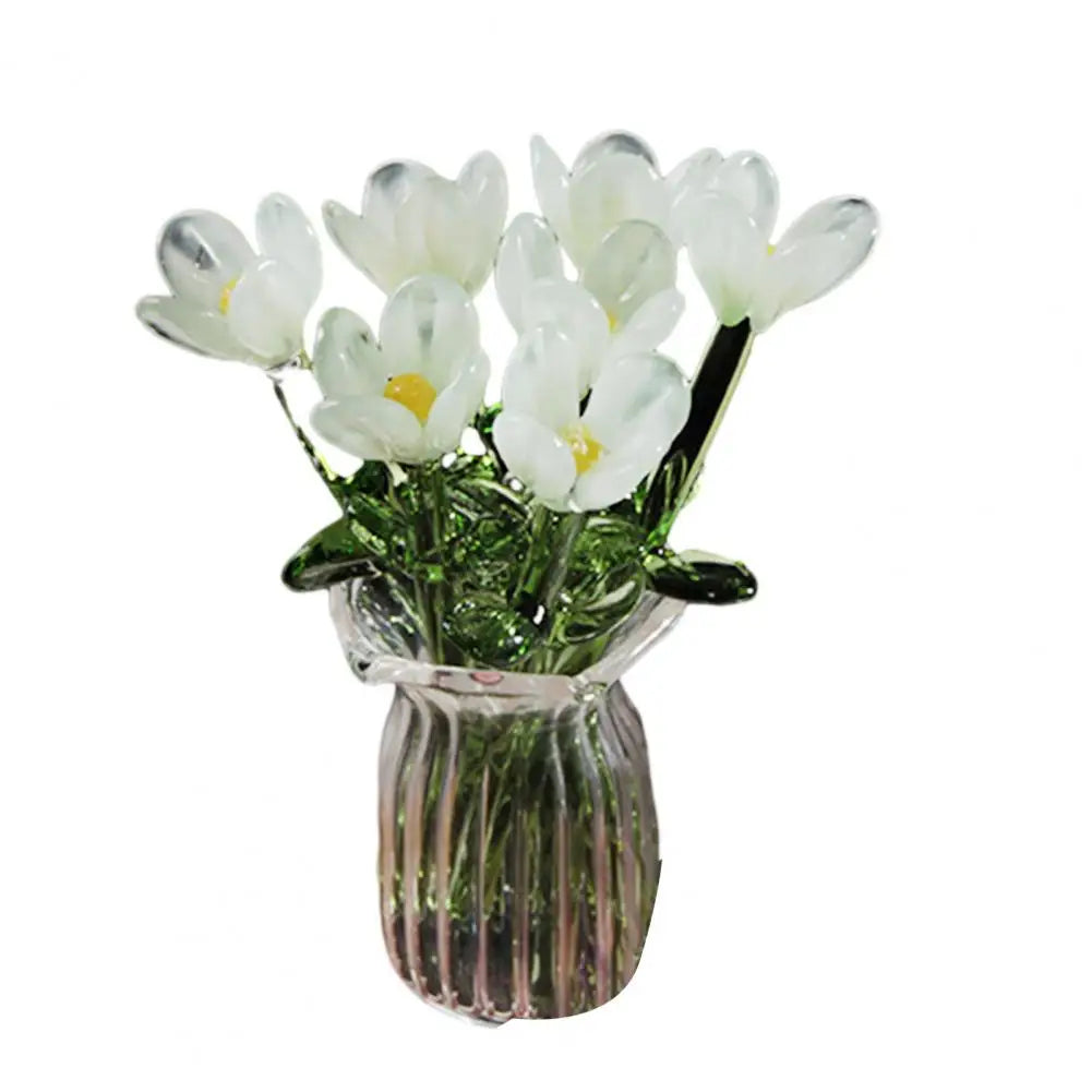 Glass Flower Decor Handcrafted Floral Sculpture Hand-blown Glass Flower Bouquet with Vase Mini Floral Decoration for Home Room