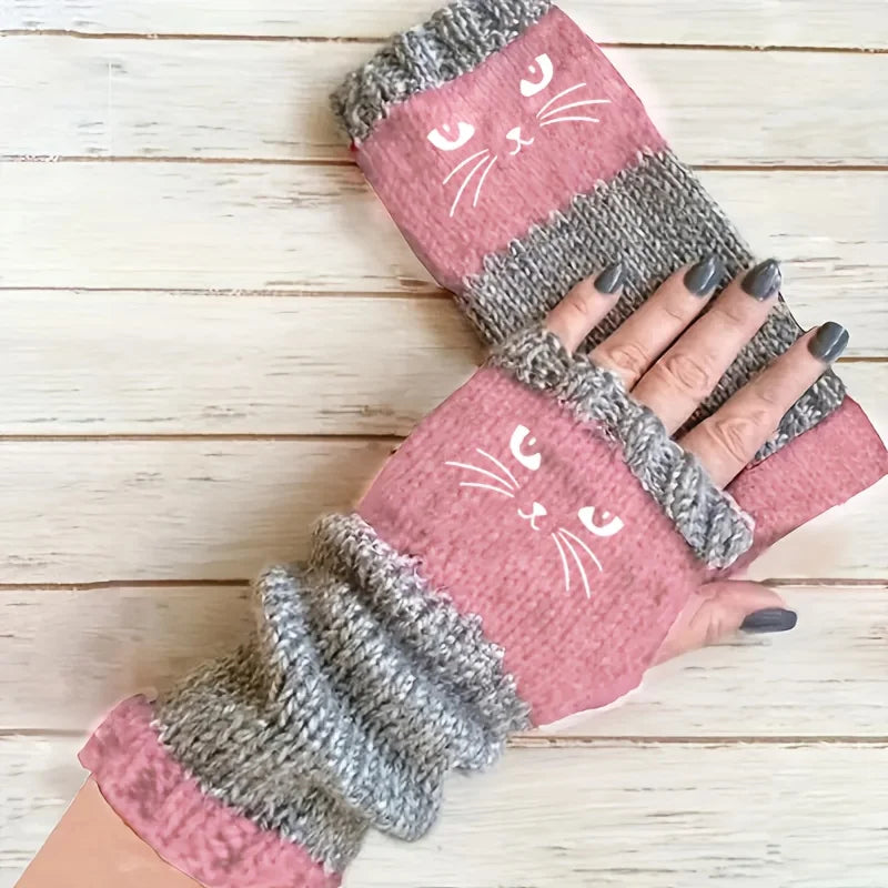 Thermal Winter Gloves Warm Cute Cat Fingerless Gloves Halloween Christmas Unisex Anti-Cold Thickened Touchscreen Mittens