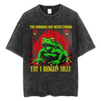Creepy Cute Animal Graphic T-Shirts Vintage Washed Black Tees Funny Horror & Relatable Quotes Perfect for Anime Fans Streetwear