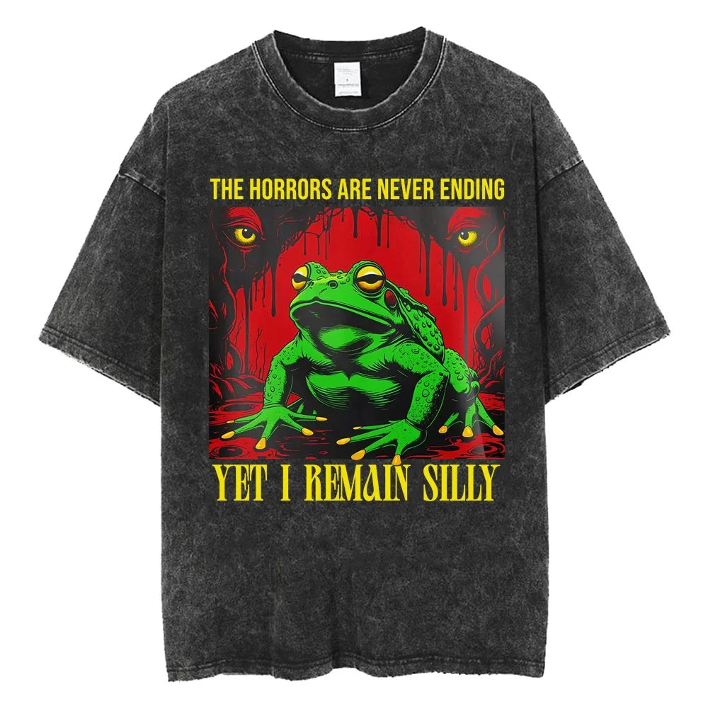 Creepy Cute Animal Graphic T-Shirts Vintage Washed Black Tees Funny Horror & Relatable Quotes Perfect for Anime Fans Streetwear