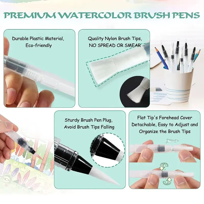 7Pcs Refillable Watercolor Brush Pens - Watercolor Painting Set with Fine Tip, Portable Water Brush Pens for Artists & Beginners
