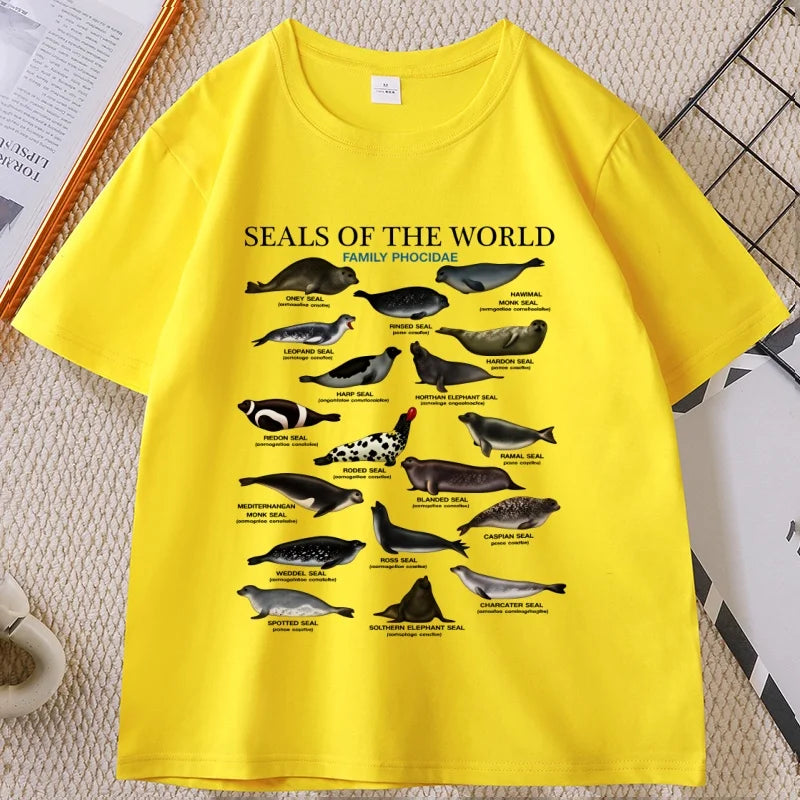 Seal Tshirt Y2k Seals of The World T-shirt 90s Retro Tee Crewneck Animal Tshirt Casual Loose Cotton Short Sleeve Print Clothes