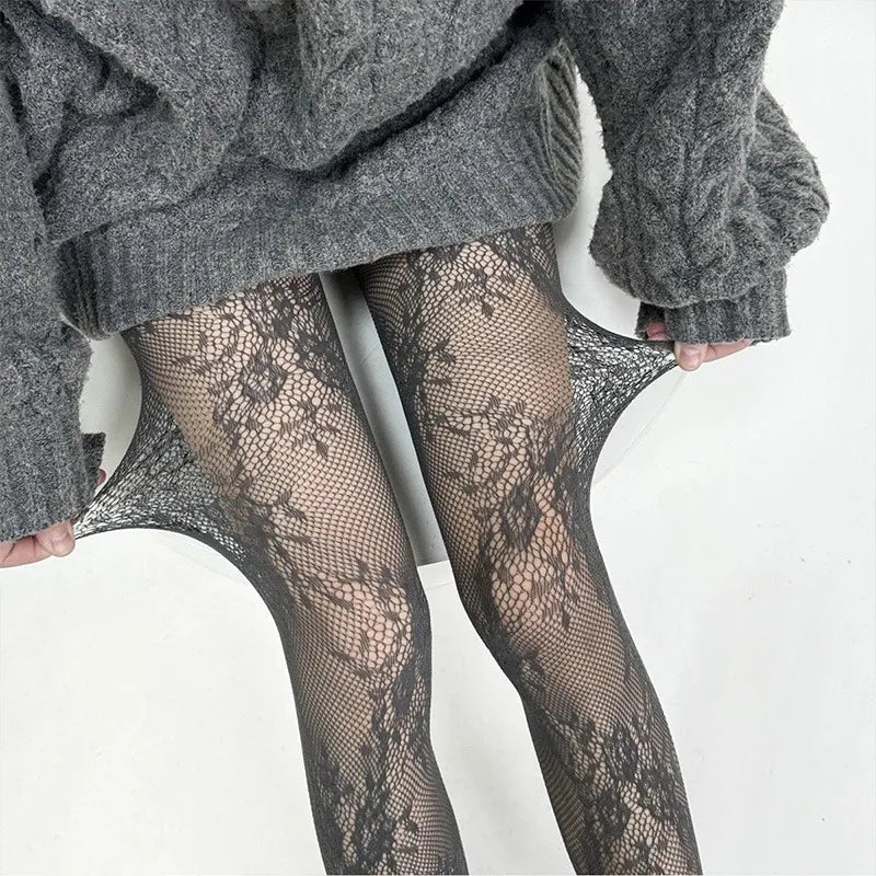 Harajuku Black White Brown Hollowed Out Lace Mesh Pantyhose Floral Rattan Bottomed Stockings Sexy Women Tights Fashion Hosiery