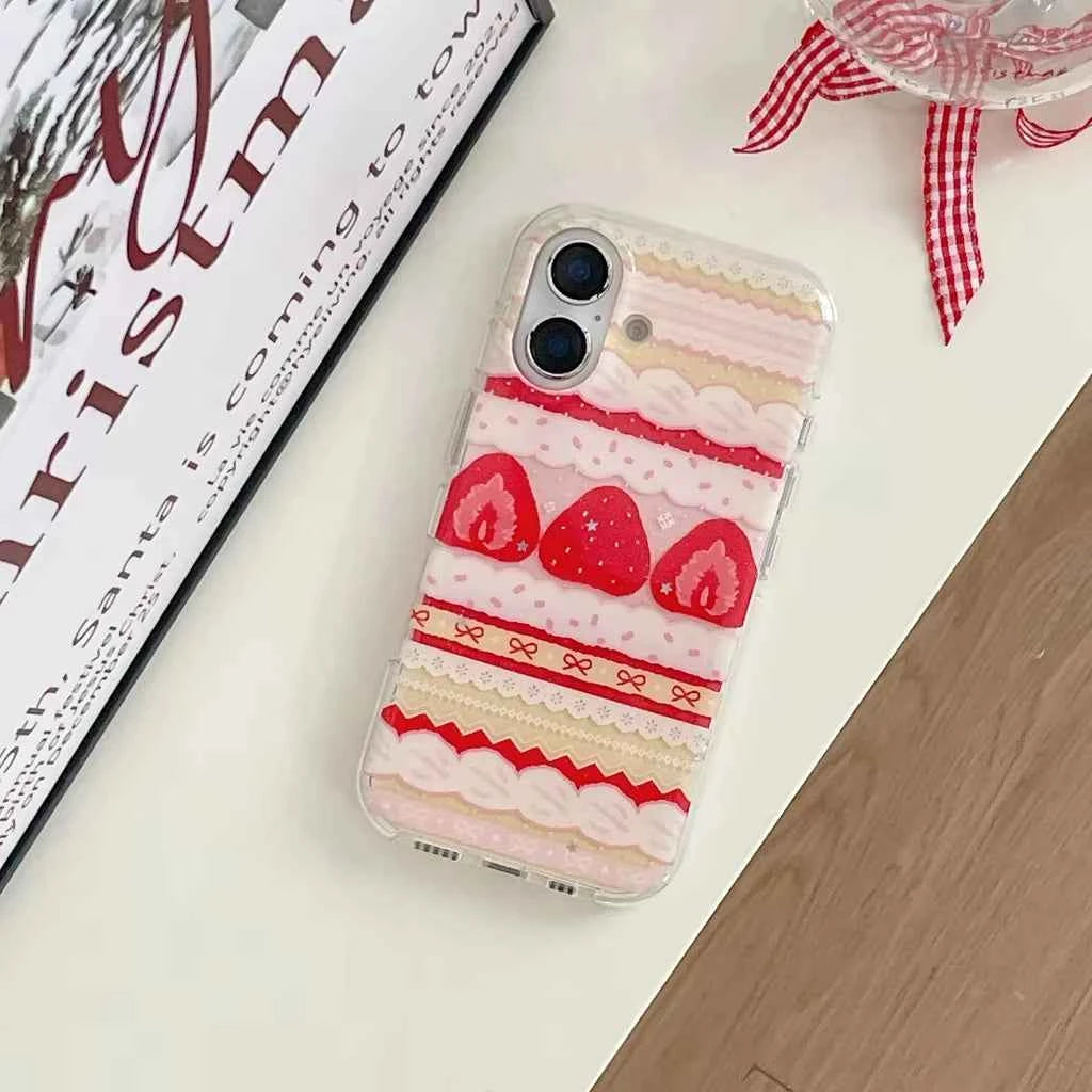 Cream Strawberry Cake Lace Bowknot Phone Case For iPhone 17 Air 16 ProMax 15 14 Plus 13 12 11 Pro Shockproof Silicone Back Cover