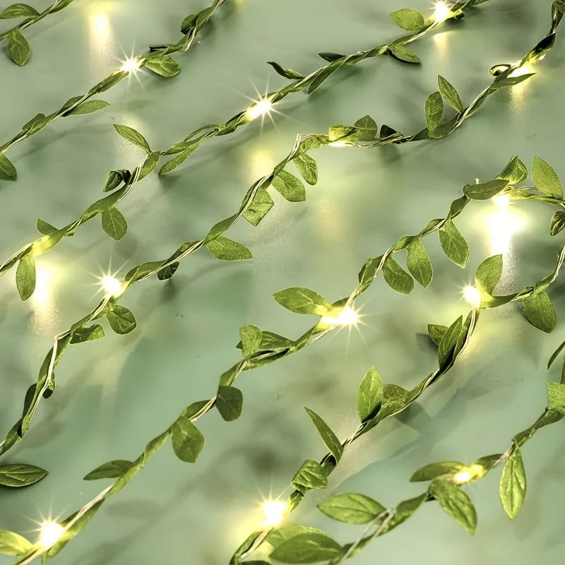 LED Green Leaf Fake Plants String Light 20/50/100LED Ivy Lights Battery Powered for Halloween Christmas Wall House Office Decor