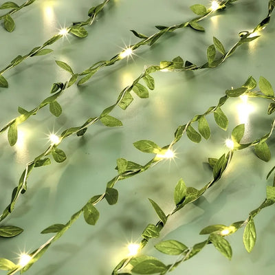 LED Green Leaf Fake Plants String Light 20/50/100LED Ivy Lights Battery Powered for Halloween Christmas Wall House Office Decor