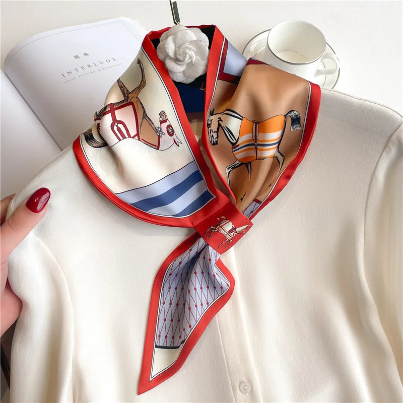 Luxury Brand Horse Print Skinny Neckerchief Scarf For Women Satin Silk Ribbons Bandana Ladies Neck Tie Wrist Wrap Shawl Echarpe
