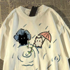Short-sleeved T-shirt with A Cute Black and White Japanese Cat Pattern A Summer Short-sleeved Top.women Clothing Graphic Tshirts