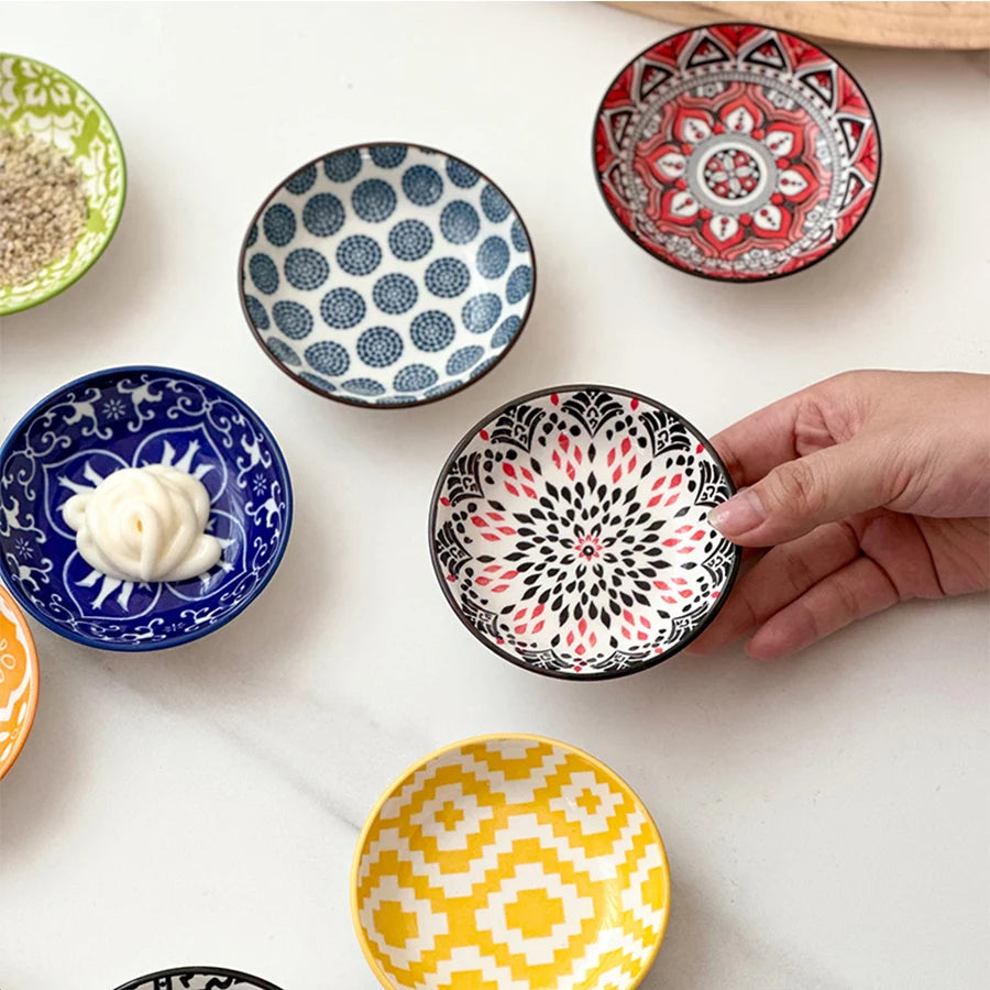 6/10 Pieces of Ceramic Condiment Dishes, Bohemian Plates, Sauce Dishes, Household Soy Sauce Vinegar Spice Dishes, Suitable for Home Kitchens, Restaurants, Sushi Bars, Parties, Hot Pot, Picnics, Camping, Barbecues, Cold