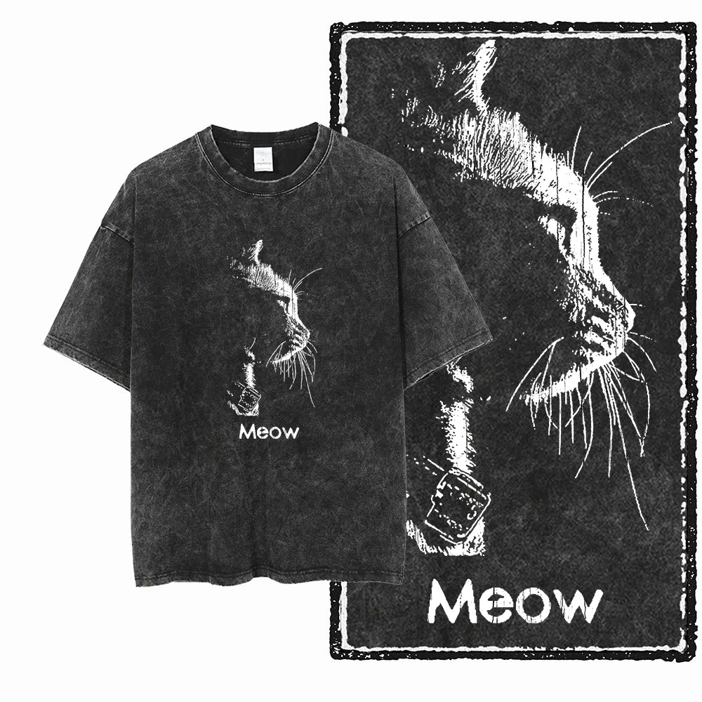 COOLMIND DB Cat Printed Cotton Acid Washed Exclusive Graphic Unisex T Shirt Cool Streetwear Men Tshirts Big Size Tee for Men