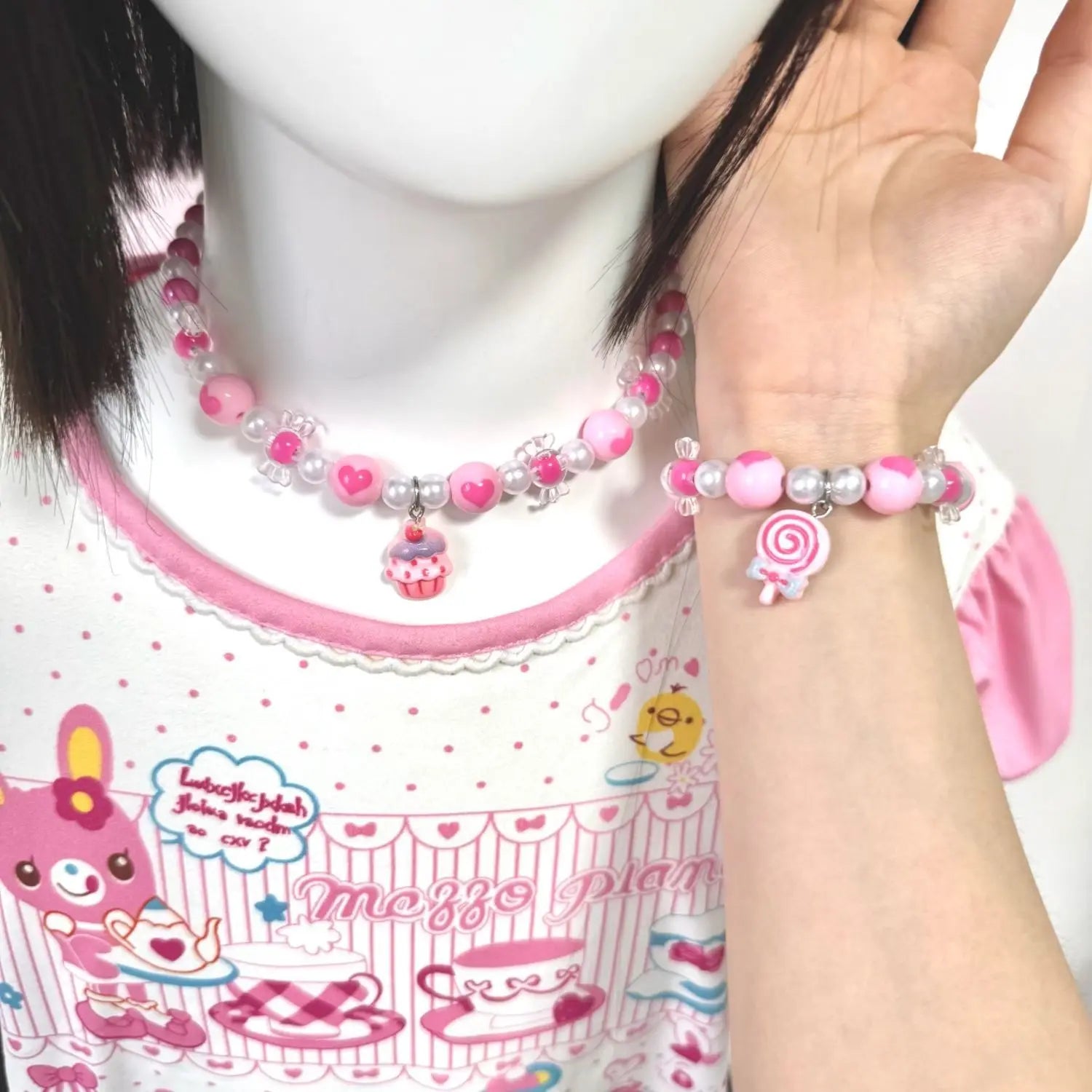 2pcs/set Cute Animal Cartoon pink candy Children's sweater necklace pearl bracelet for children gift