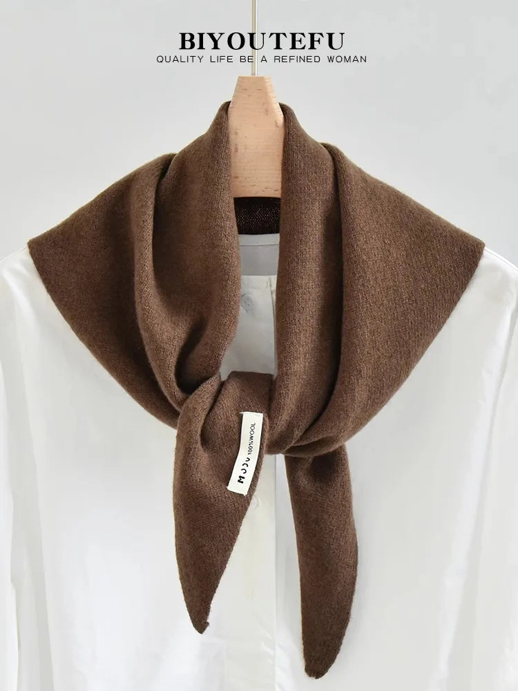 100% Australian Wool Knitted Triangle Scarf Shawl Women's Autumn  Winter Warm Neck Protection Scarf Decorative  Small Scarf