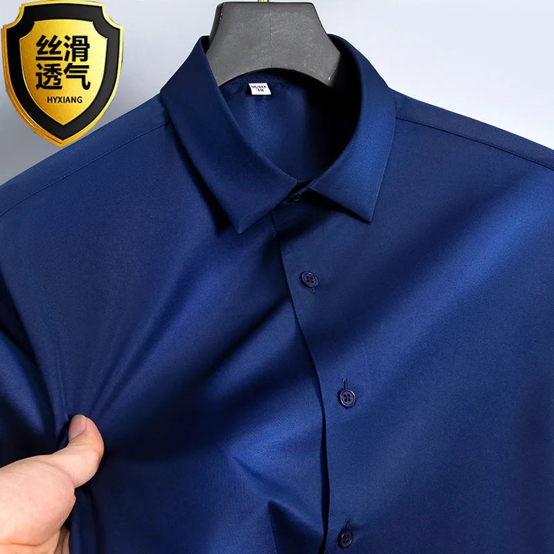 Summer shirt, men's white glossy non ironing shirt, men's wrinkle resistant ice silk casual high-end seamless business shirt