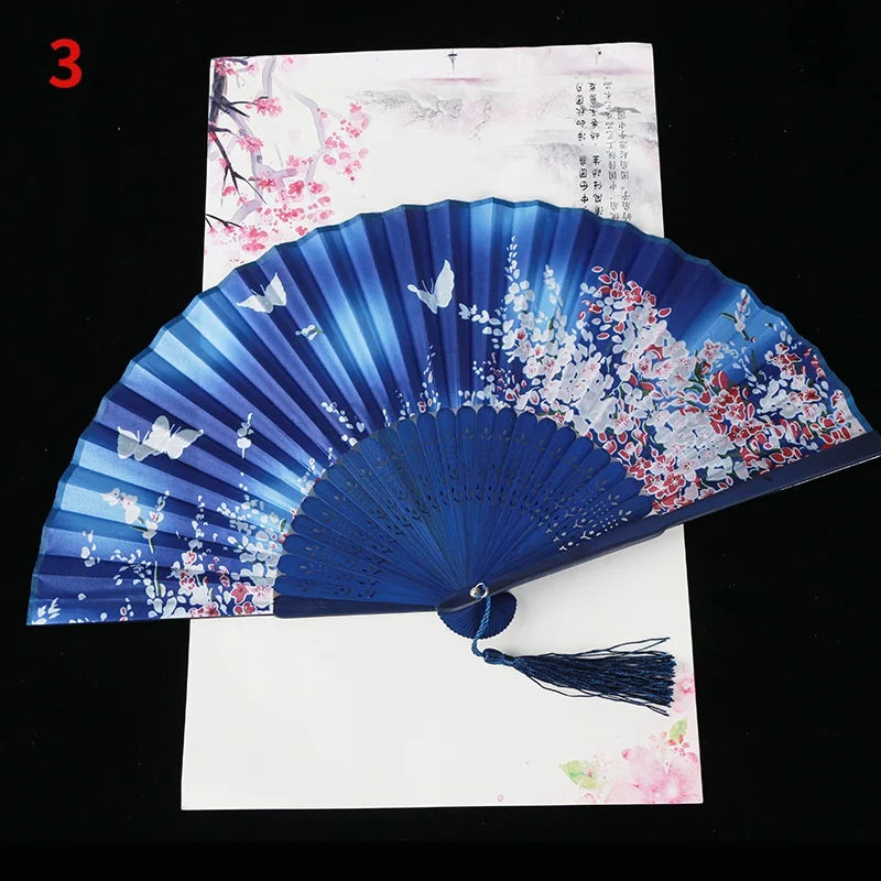 Vintage Silk Folding Fan Bamboo Tassel Decorative Hand Fan