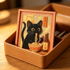 Mini Framed Black Cat Eating Ramen Magnet, Cute Japanese Cat Fridge Magnet for Kitchen, Home, Refrigerator & Decor