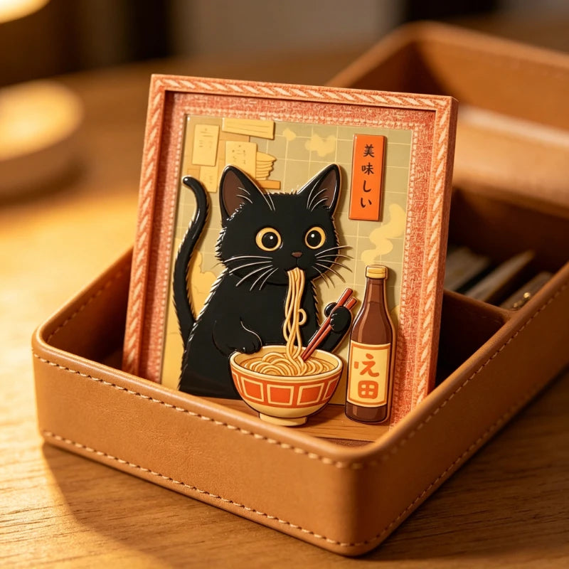 Mini Framed Black Cat Eating Ramen Magnet, Cute Japanese Cat Fridge Magnet for Kitchen, Home, Refrigerator & Decor