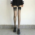 White Puresire Fishnet Stockings Pink Bow Tie Contrasting Color Women's Knee High Sexy Hollow Out Seductive Large Mesh Stocking#