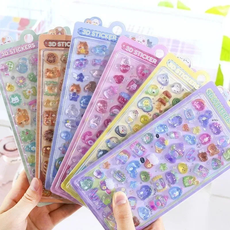 300Pcs/50pc Kawaii Cartoon 3D Relief Sticker Cute Crystal Jelly Patch for Mobile Phone Case Mirror Scrapbook Journal Animal Deco