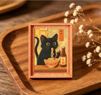 Mini Framed Black Cat Eating Ramen Magnet, Cute Japanese Cat Fridge Magnet for Kitchen, Home, Refrigerator & Decor
