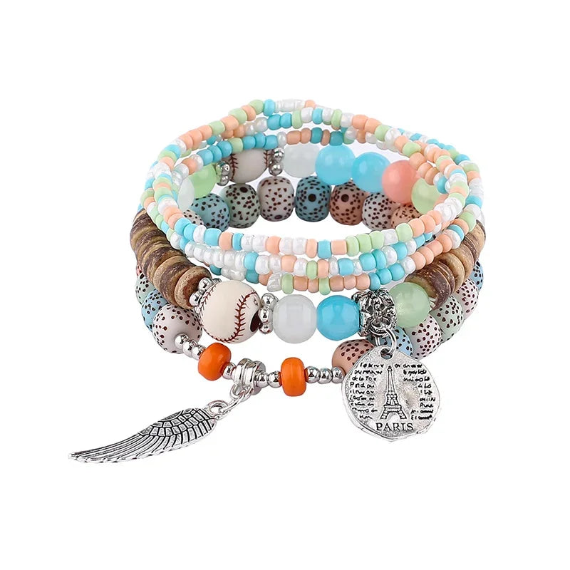 Boho Tree Of Life Bracelet Set For Women Fashion Tassels Charm Wooden Beads Elastic Chain Bangle Girl Trendy Party Jewelry