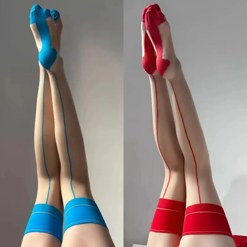 Vintage Cuban Heel Back Seam Thigh High Stockings Oil Shiny Ultra Thin Transparent Silk Hosiery Women Sexy Patchwork Lingerie