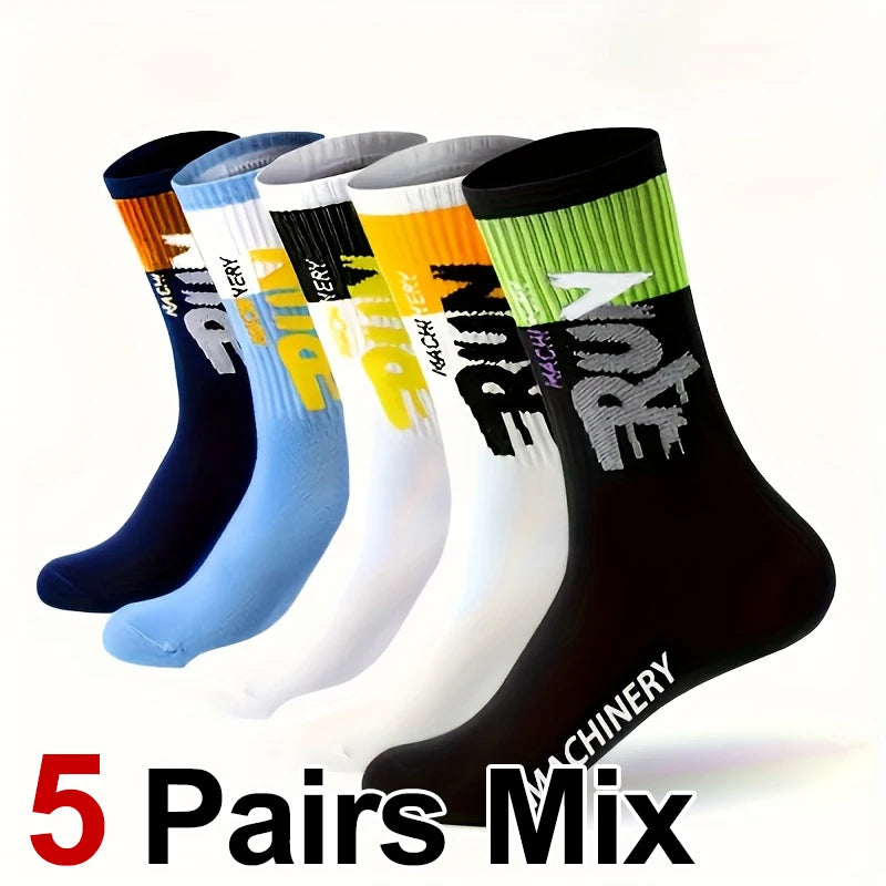 5/10 Pairs Men Letter Printed Mid Tube Socks Street Style Sweat Absorbing Breathable All Season Casual Sports Basketball Socks