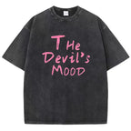 Fashion Womans Cotton Washed T-shirts The Devil's Moon Letter Prints Tops Casual O-Neck Oversize Tees Street Female Clothes