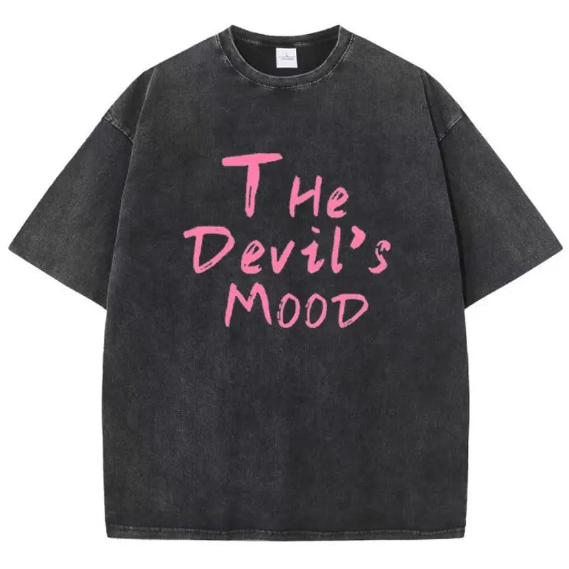 Fashion Womans Cotton Washed T-shirts The Devil's Moon Letter Prints Tops Casual O-Neck Oversize Tees Street Female Clothes