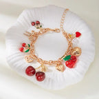 Sweet Cute Red Strawberry Cherry Heart Pearl Charm Bracelet New Fashion Y2K Fruit Gold Color Chain Jewelry Party Gifts 2025