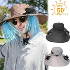 Outdoor Summer Sun Hat With 2 Fan Large Brim Windproof Strap Solar Or USB Charging Anti UV Sun Fishing Cap