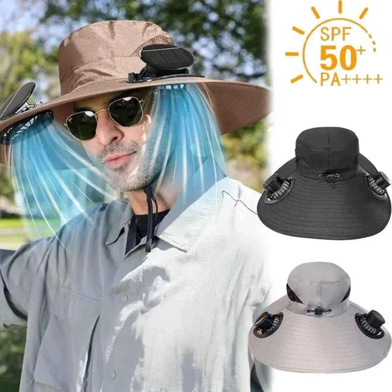 Outdoor Summer Sun Hat With 2 Fan Large Brim Windproof Strap Solar Or USB Charging Anti UV Sun Fishing Cap