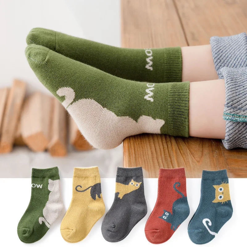 5 Pairs Kids Socks Cartoon Cat Pattern Comfortable Breathable Children Socks For Boys And Girls