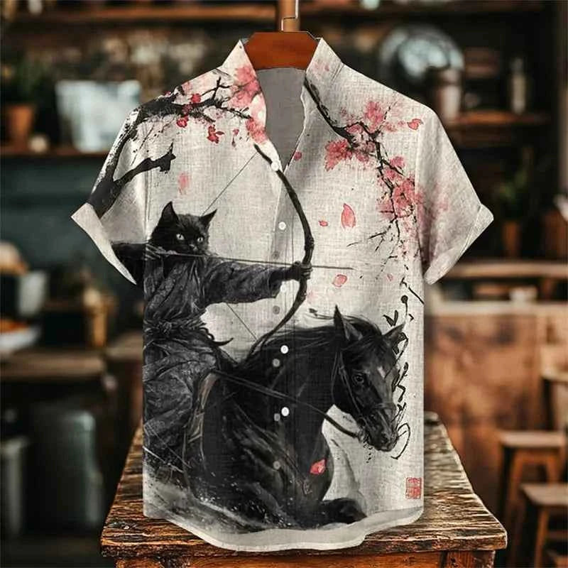 Colorful Men's Linen Summer Short Sleeve Shirt Fashion, Short Sleeve Top 3D Cat Printed Pattern Men's Clothing,
