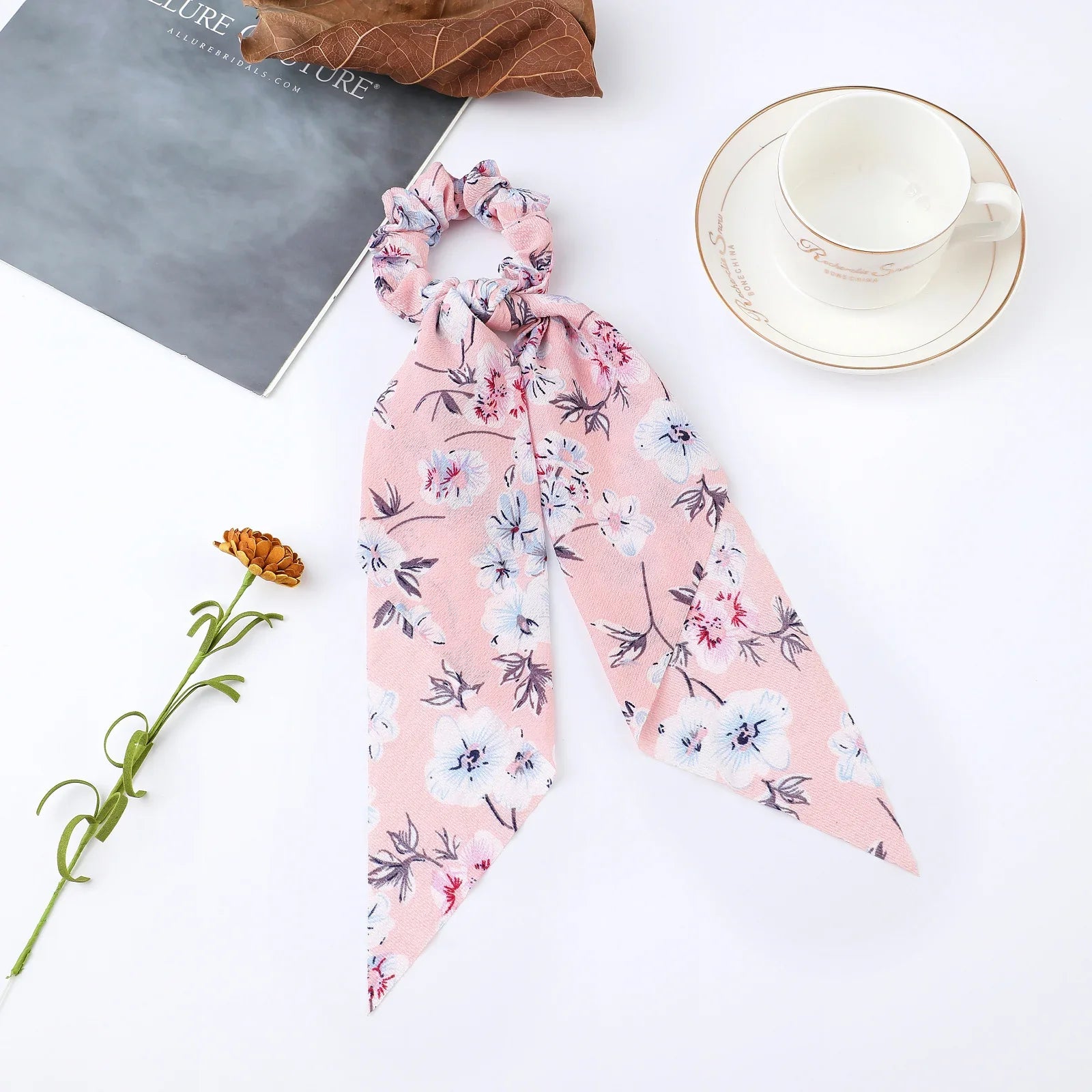 Fashion Flower Print Bow Satin Long Ribbon Ponytail Scarf Tie Scrunchies Women Girls Elastic Bands Hair Accessories