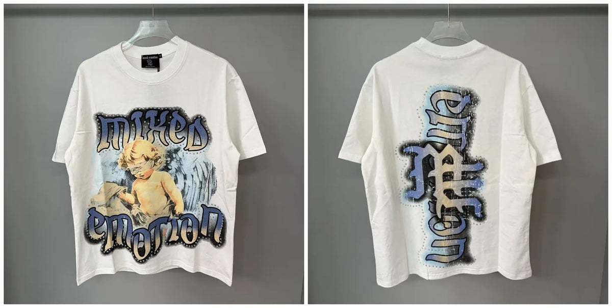 New MIXED-EMOTION Rhinestone cartoon printed pattern 100% cotton Men Women T-shirt Loose casual Shinning Diamond Tees Oversized Top