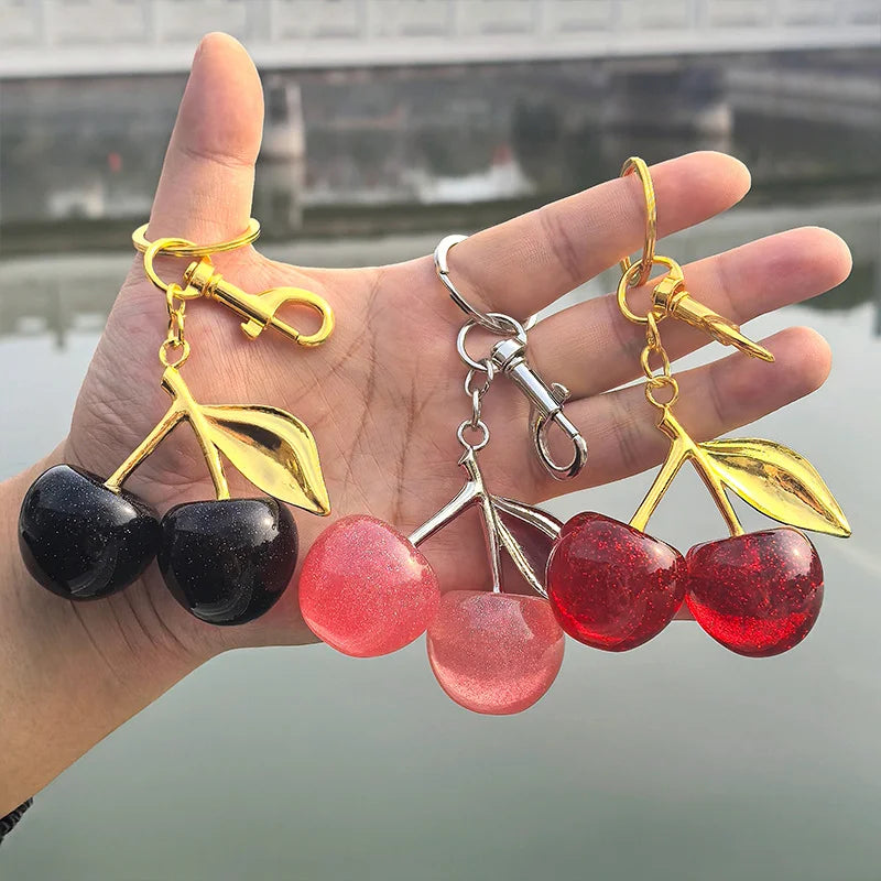 Fashion Delicate Red Cherry Charm Keychain 3 Color Gold Silver Keyring Elegant Women's Backpack Purse Charm Earrings Jewelry