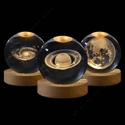 Unique 3D Crystal Ball Night Light Led Lamp Bedside Table Glowing Galaxy Lamp Saturn Planets Moon Birthday Gift Toy 5cm