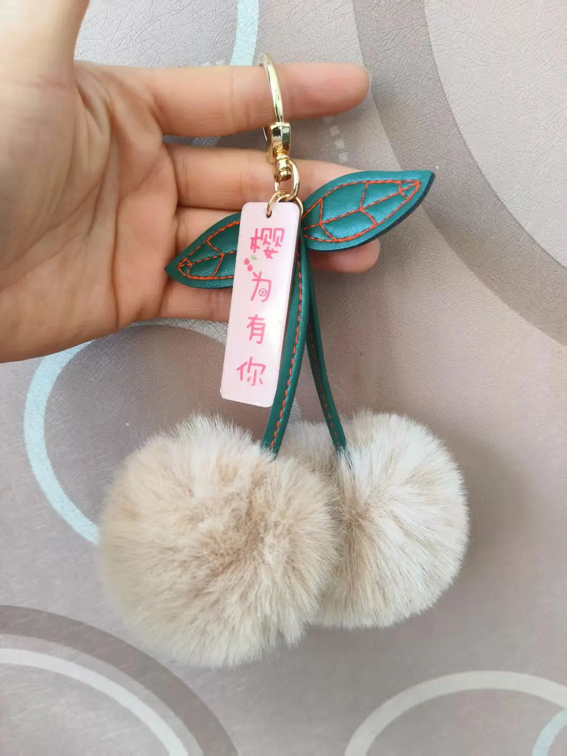 ZAKOL New Cute Fluffy Rex Rabbit Fur Ball Pompom Leaf Keychain Cherry Key Chain Handbag Car Key Chain Ring Gift