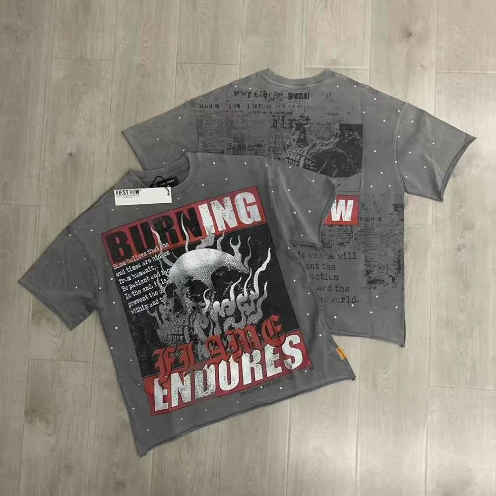 Streetwear Vintage Washed Diamond Cropped Tee for Men Crew Neck Short Sleeve Loose Cotton Rhineston Tshirts Oversized