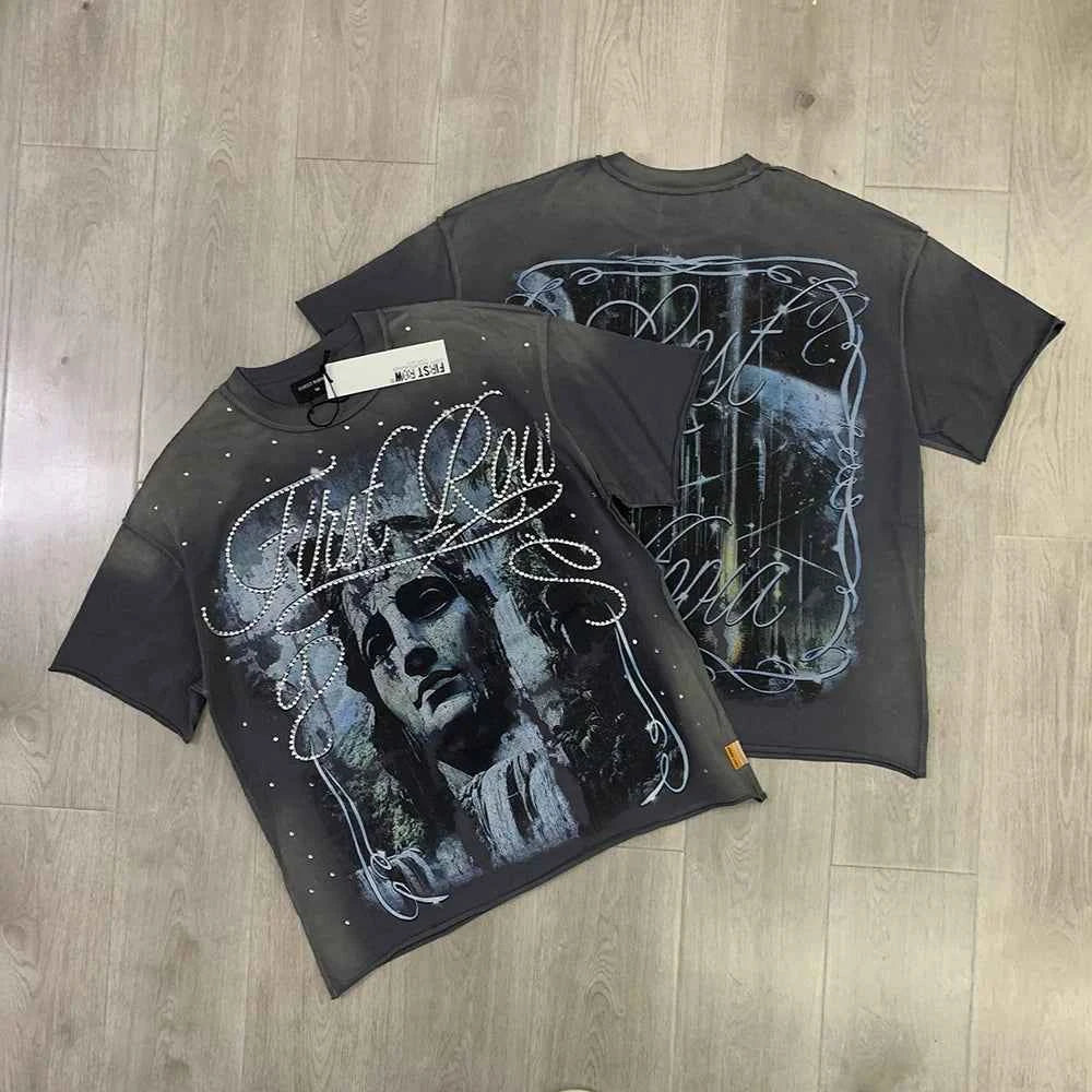 Streetwear Vintage Washed Diamond Cropped Tee for Men Crew Neck Short Sleeve Loose Cotton Rhineston Tshirts Oversized