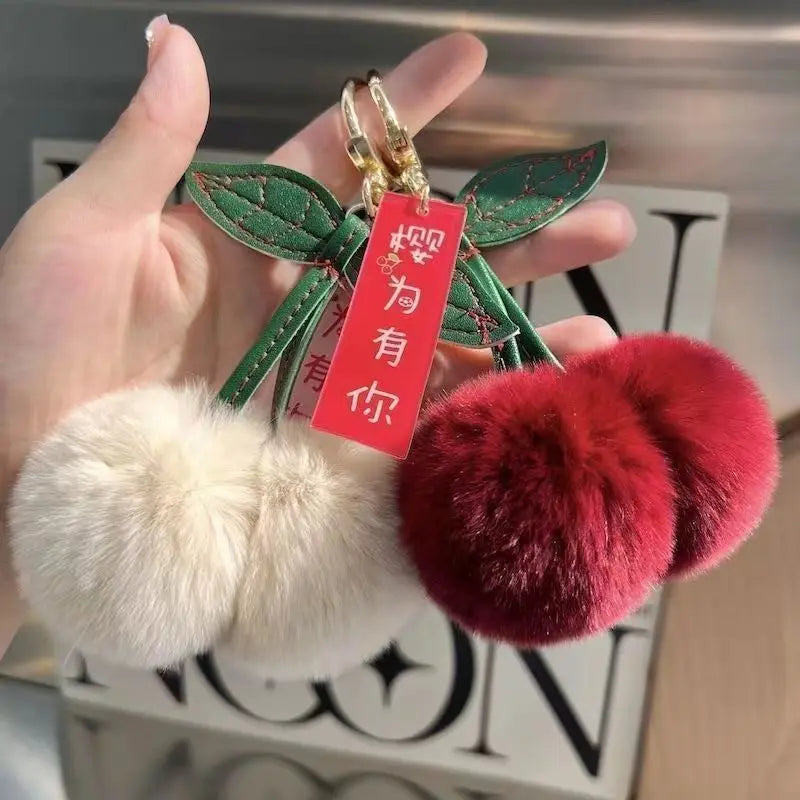 ZAKOL New Cute Fluffy Rex Rabbit Fur Ball Pompom Leaf Keychain Cherry Key Chain Handbag Car Key Chain Ring Gift