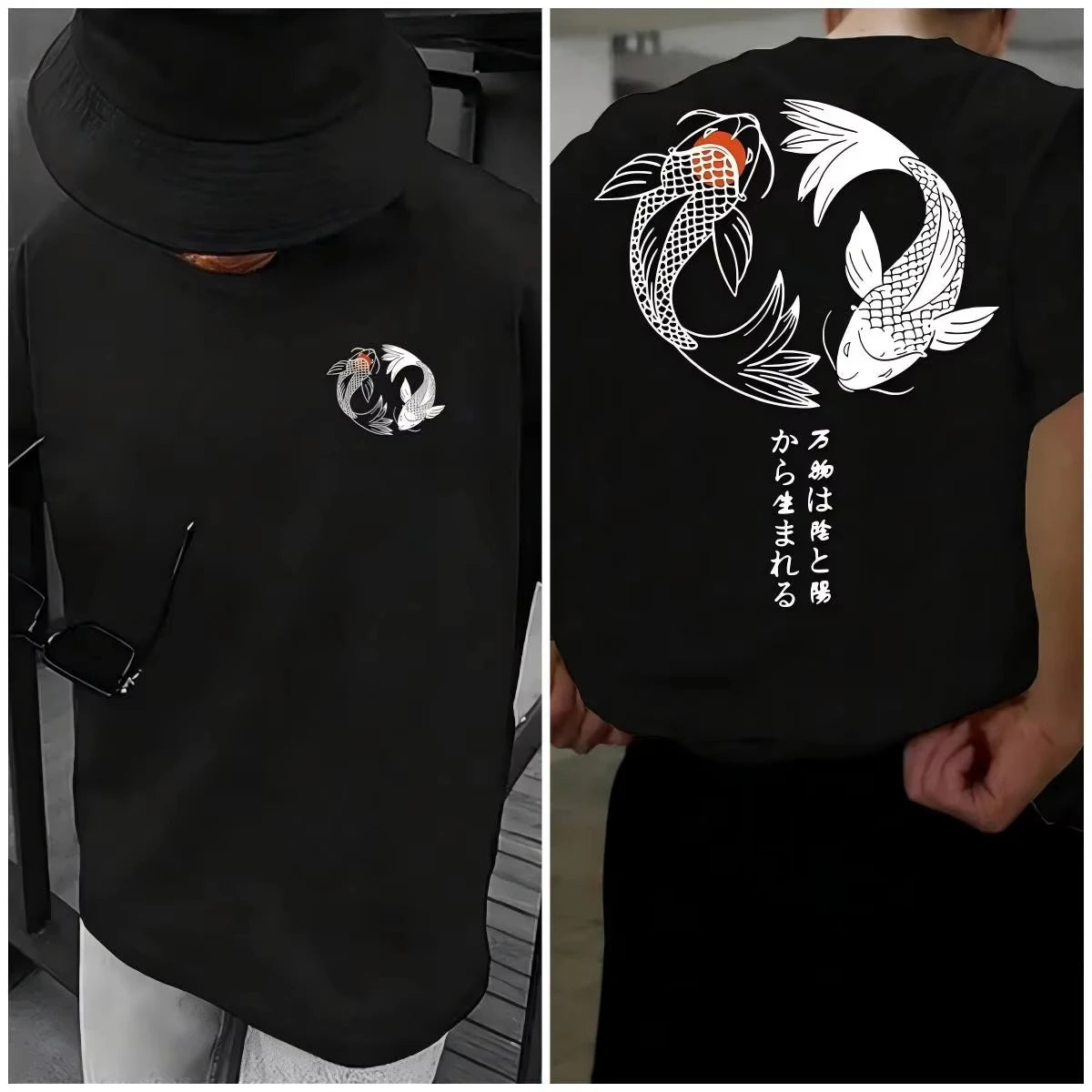 Koi Harajuku Pattern Japan Men Women T-shirt Summer Casual Cotton Y2K Street Retro Daily Simple Loose Fitness Run Short Sleeve
