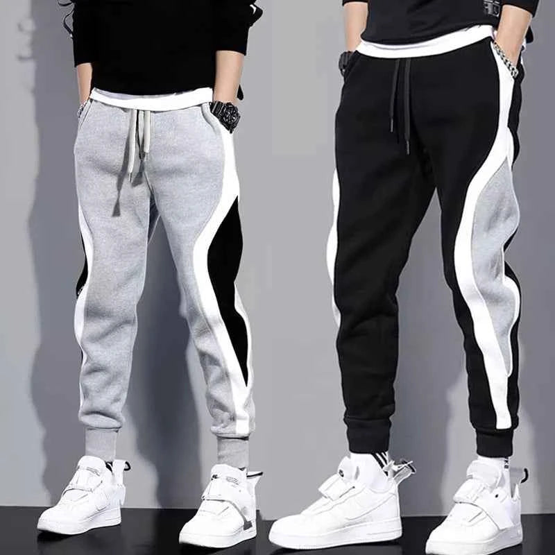 Autumn Men's Wide Loose Casual Pants Mens Patchwork Nine-point Sports  Elastic Rope Breathable Tie-foot Trousers