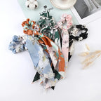 Fashion Flower Print Bow Satin Long Ribbon Ponytail Scarf Tie Scrunchies Women Girls Elastic Bands Hair Accessories