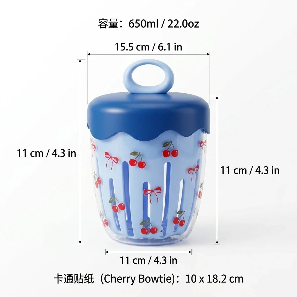 WORTHBUY Double Wall Salad Cup Portable Leak Proof Oat Container With Fork&Handle Drain Fruit Cup Cute Breakfast Cup For Student